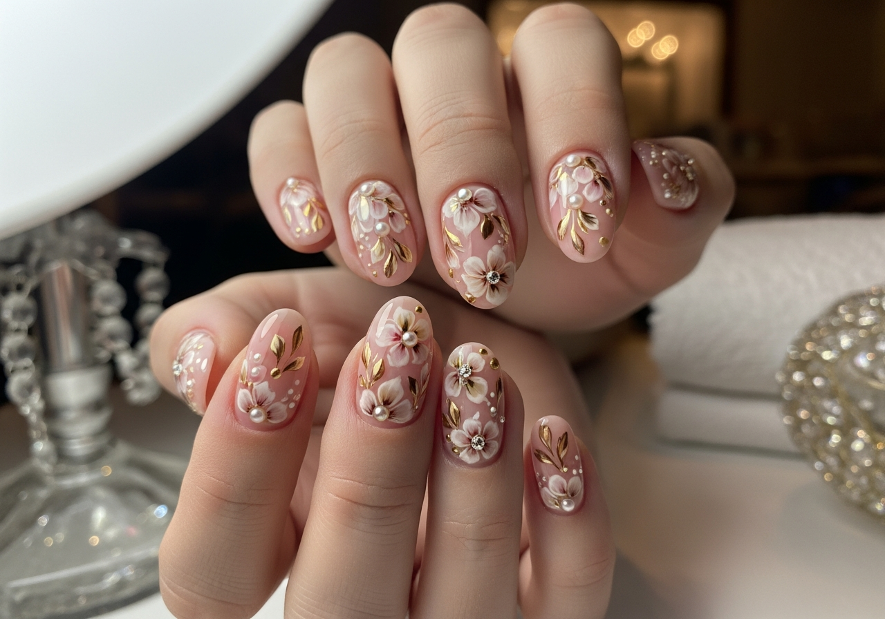 Nail art design — floral blush pink nails